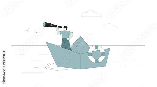 Search for new ideas, horizons, opportunities. A man in a boat looks through a telescope