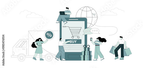 Sales and shopping concept. People shop online using various gadgets.eps