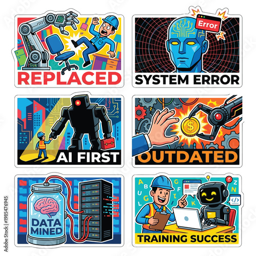 Labor Day Automation Displacement Sticker Set High-Contrast Vector Illustration Style Depicting Artificial Intelligence Replacing Human Workers Future Of Jobs Satire On White Backgrounds