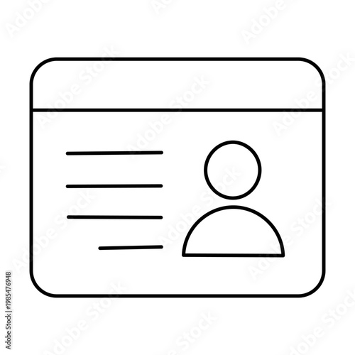 Simple line art icon of an identification card or user profile document with a person avatar and text fields.