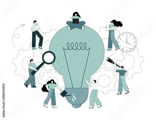 Search for new solutions. People examine, evaluate, and invent a light bulb idea. Teamwork.eps