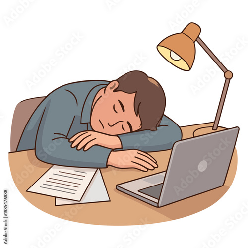 A man falls asleep at his desk with a laptop and papers nearby.