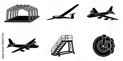 Aviation and aerospace vector icon set featuring an aircraft hangar, passenger plane, cargo jet, glider, mobile airstairs, and a wheel brake system for flight industry presentations and