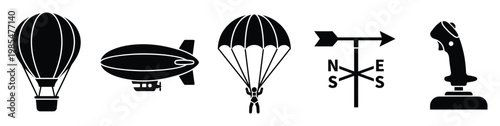 Aviation and weather symbols collection featuring hot air balloon, blimp, parachute, weathervane, and joystick for flight simulation or aerial travel themes