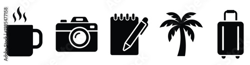 Travel vacation planning and adventure journey concept represented by icons of a coffee mug camera notepad palm tree and luggage for tourism related projects