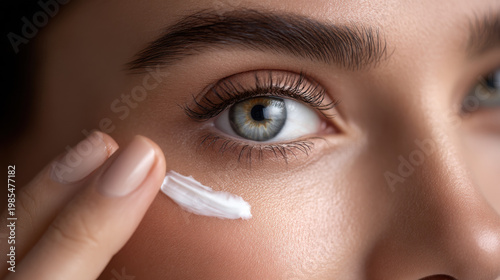 Macro beauty eye cream skincare woman female closeup soft light smooth skin natural makeup eyelash eyebrow blue eye eye finger cosmetic moisturizing facial care skin care eye area wrinkle anti