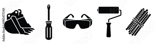 Essential collection of industrial construction and home improvement tools featuring an excavator bucket, screwdriver, safety glasses, paint roller, and rebar for various project needs