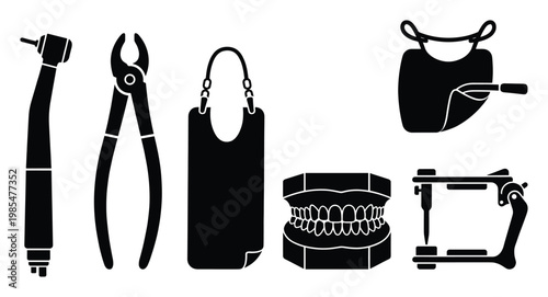 Dental equipment collection featuring various dentistry instruments and jaw model for educational resources, healthcare presentations, and professional clinic signage