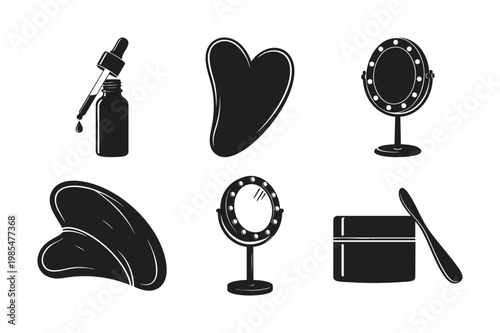Beauty and skincare tools silhouette set bundle spa and makeup items.