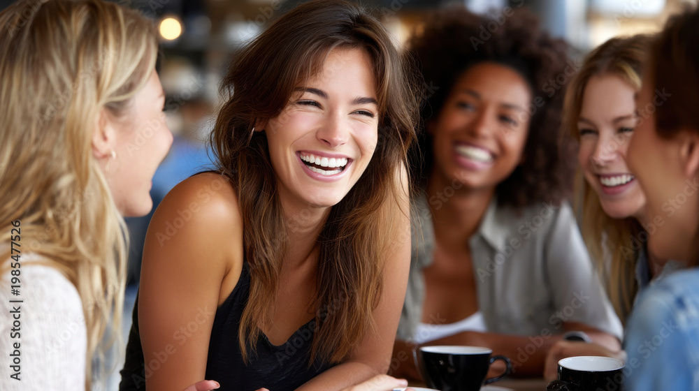 Obraz premium Young adult woman laughter happy friends coffee shop casual meeting female group candid smile social gathering friendship diverse people daytime light joyful energy relaxed atmosphere conversation