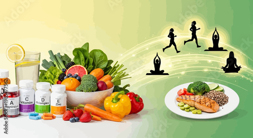 Healthy food, wellness products, fitness icons, nutrition concept, vector illustration