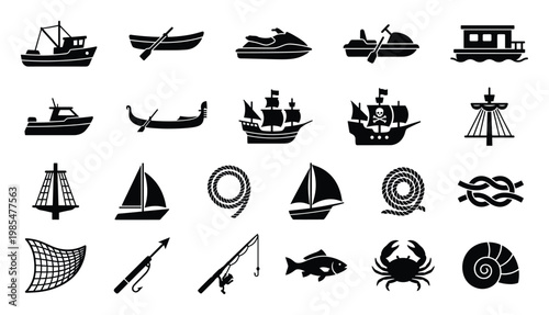 Comprehensive collection of boat and sea icons including various watercraft vessels fishing gear and marine life symbols perfect for travel water sport and recreation designs