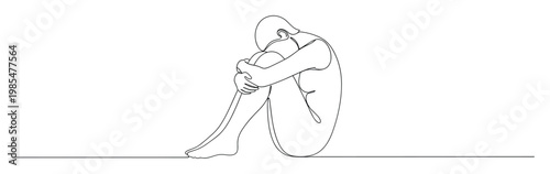 Continuous line drawing of a person sitting curled up in a fetal position, expressing concepts of depression, loneliness, vulnerability, or introspection, ideal for mental health awareness