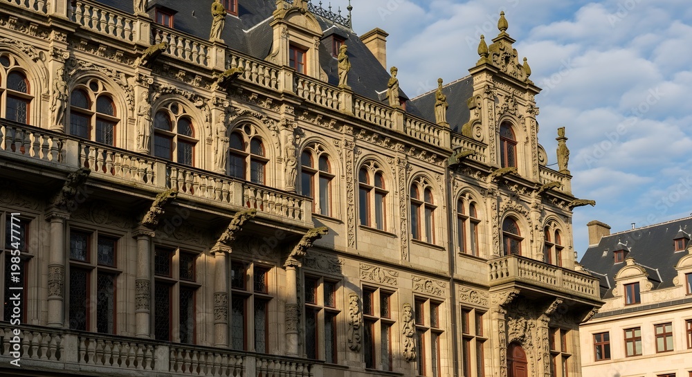Fototapeta premium Ornate Historic Stone Building with Tall Windows, Balconies, and Richly Carved Cornices Catching Warm Evening Light, Evoking the Grand Character and Decorative Detail of Nineteenth Century European Ci