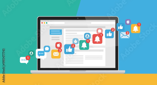 Dynamic digital engagement A modern laptop displaying an active social media feed with numerous notification icons illustrating online communication and interaction in a connected world
