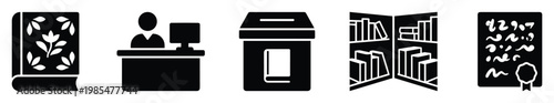 Diverse set of library and education glyph icons including book, librarian, book return box, bookshelf, and diploma, suitable for educational applications, websites, and learning materials