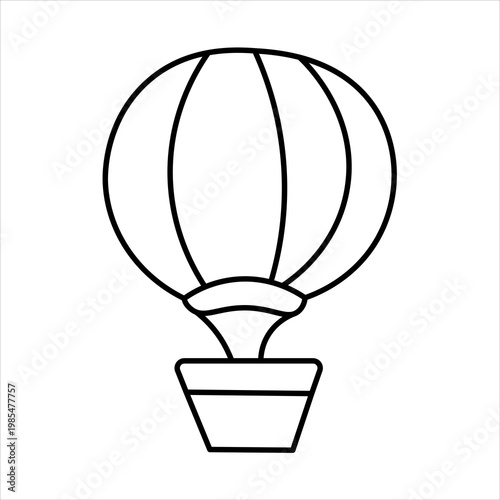 Simple outline drawing of a hot air balloon with a basket, depicted in black and white, ready for coloring or as an icon.