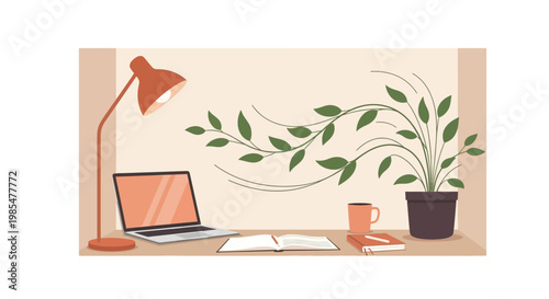 Modern home office workspace with laptop, desk lamp, and a vibrant potted plant with swirling leaves, promoting calm and productive remote work