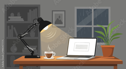 Cozy home office scene desk with laptop, steaming coffee, and plant, illuminated by a warm lamp. Ideal for focused remote work on a quiet, rainy evening