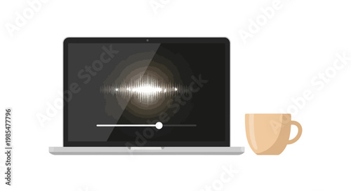 Focused digital workspace for audio editing and creative projects, featuring a laptop with dynamic sound visualization and a comforting beverage for productivity