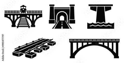 Icons of diverse transportation infrastructure, featuring an arched railway bridge with a train, a road tunnel, a bridge pier in water, and a floating pontoon bridge, perfect for