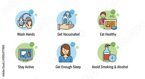 Healthy habits icons, wellness signs, health symbols, medical illustrations, vector set