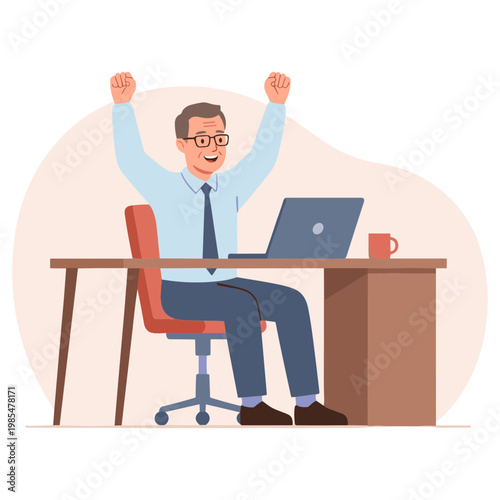Man Celebrates Success with Laptop at Office Desk in Business Setting