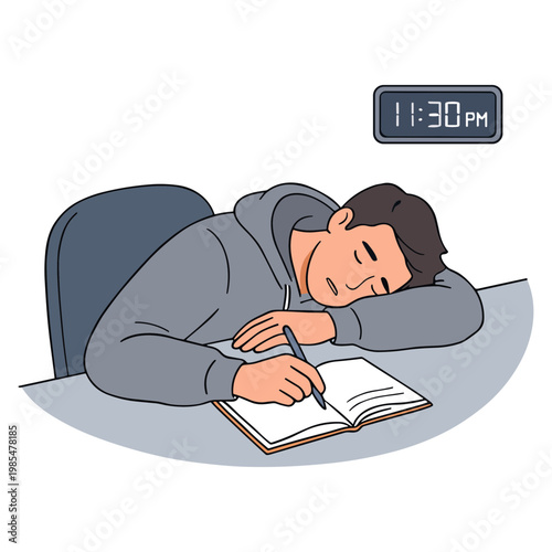 Person studying late at night on desk with book and pen