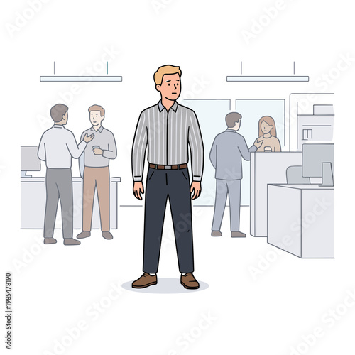 A man stands confidently in a modern office environment with coworkers nearby.