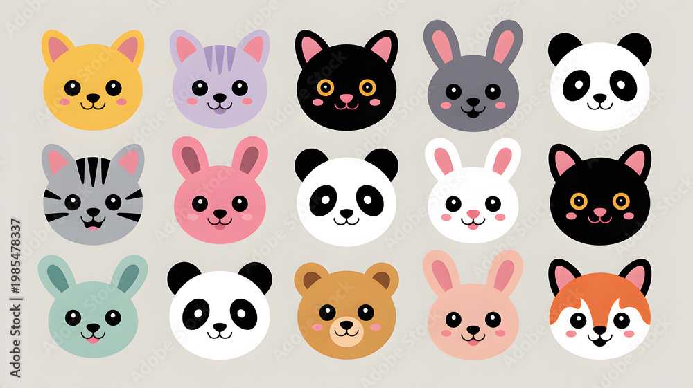 Obraz premium Cute Kawaii Animal Faces in a Grid Arrangement with Soft Pastel Colors