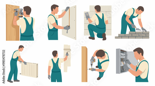 Home renovation and construction workers performing different tasks