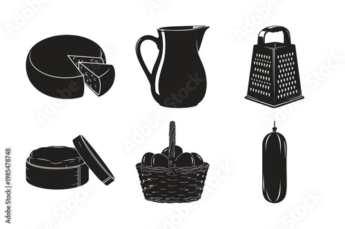 Dairy products and kitchenware silhouette set bundle for food design.