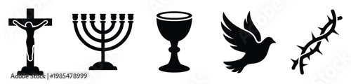 Various religious symbols including crucifix, menorah, chalice, dove, and crown of thorns representing faith and spirituality for church documents or theological studies and related