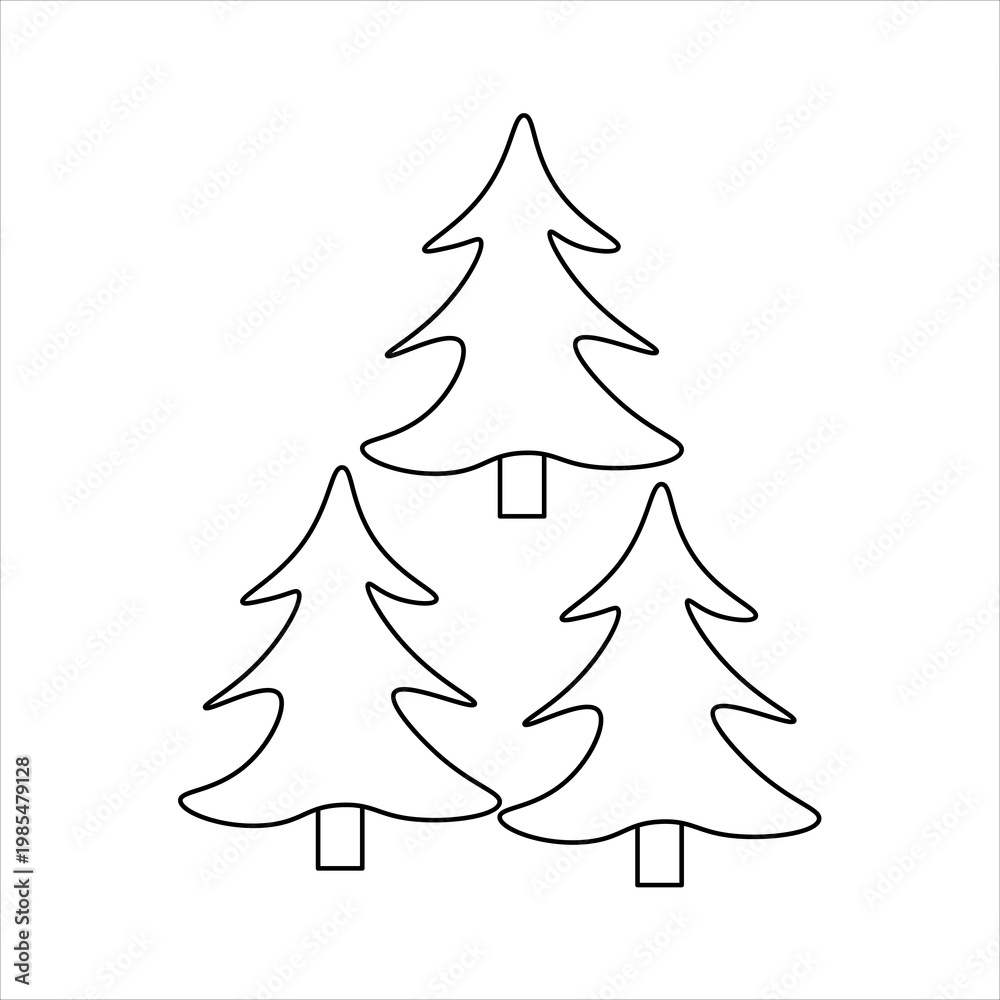 Obraz premium Outline drawing of three simple evergreen trees arranged in a triangular pattern on a white background, suitable for a coloring book or icon.