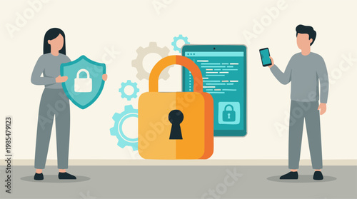 Digital security and data protection concept with people and technology devices