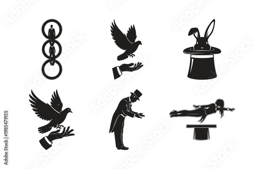 Magic tricks silhouette set bundle performance isolated on white background.