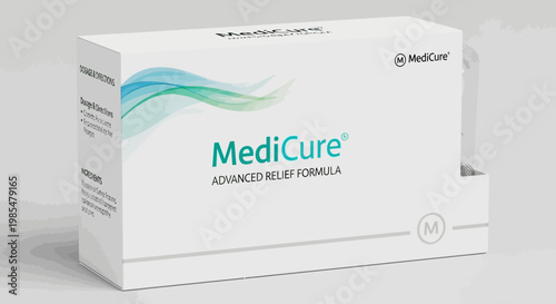 MediCure packaging, pharmaceutical box design, medication carton, health supplement vector
