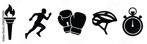 Collection of sport related iconography featuring a burning torch, a dynamic runner, boxing gloves, a bicycle helmet, and a stopwatch for athletic promotions