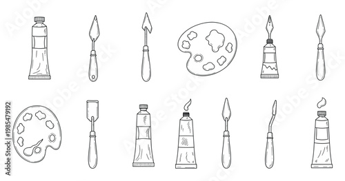 Hand drawn collection of essential art supplies including paint tubes palettes and palette knives perfect for creative projects and graphic design resources