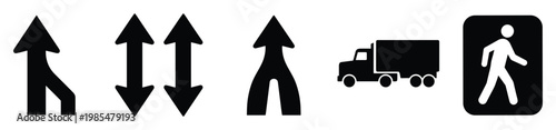Essential navigation and directional road traffic icons including merge arrows, twoway street symbol, cargo truck, and walking person sign for informational maps and guidance