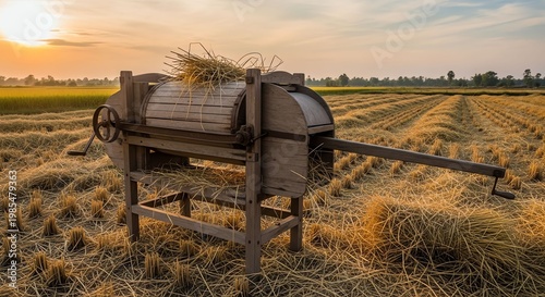 Rustic Wheat Thresher in a Golden Field During Sunset.