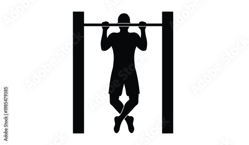 A stark black silhouette of a muscular man performing a pull up between two vertical bars showcasing strength and fitness silhouette high quality professional