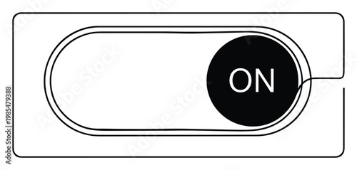 Minimalist black and white line art toggle switch in the ON position symbolizing activation, control, and user interface selection, ideal for web graphics, app icons, and system status