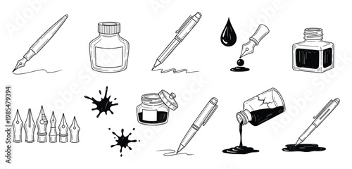 Handdrawn collection of classic writing tools featuring elegant fountain pens, ink bottles, realistic ink splashes, and versatile nibs for traditional stationery and creative design