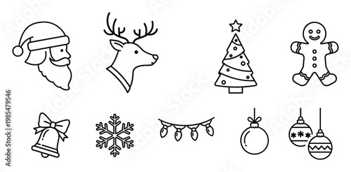 Collection of holiday season line icons featuring popular winter characters and decorations perfect for festive greeting cards, web graphics, and celebratory event invitations.