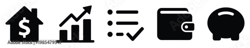 Financial management icons representing home expenses, market growth, budgeting, personal spending, and savings for various business and personal finance applications