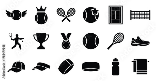 Dynamic collection of tennis themed vector icons depicting essential sports equipment players courts trophies medals and apparel perfect for athletic event promotions game interfaces and