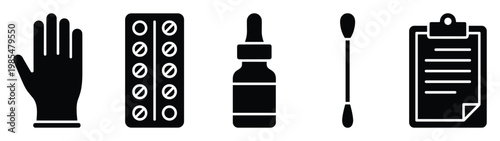 Collection of essential medical and hygiene items including a glove, pills, dropper bottle, cotton swab, and clipboard for healthcare design and pharmaceutical advertising.
