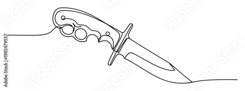 Continuous one line drawing of a tactical combat knife with knuckle guard handle for martial arts and self defense related graphic resources or security applications