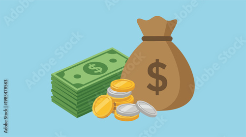 Stack of dollar bills, gold and silver coins, and a money bag illustration